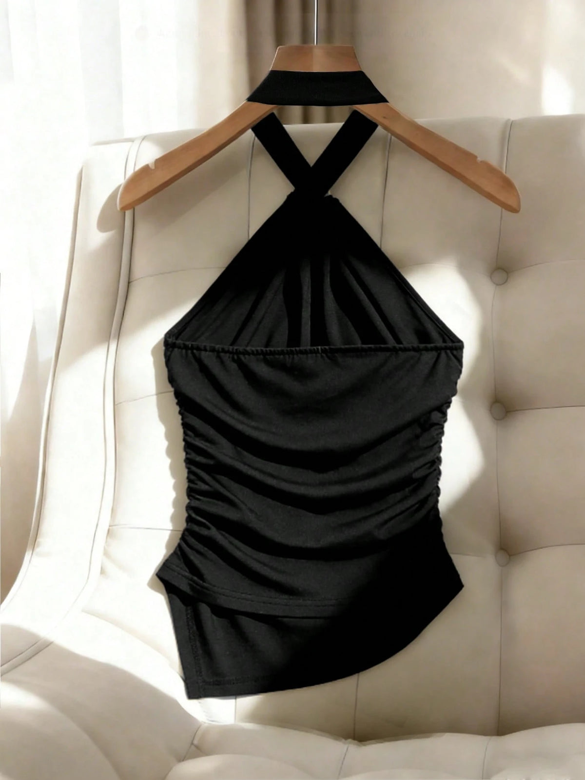 Franclia Army Green Summer Elegant Party Night Women's Sleeveless Halter Crop Top,Black Metal Decorated Knit Fitted Tank Top With Asymmetrical Hem Ruched Top