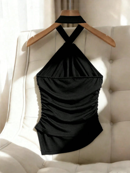 Franclia Army Green Summer Elegant Party Night Women's Sleeveless Halter Crop Top,Black Metal Decorated Knit Fitted Tank Top With Asymmetrical Hem Ruched Top