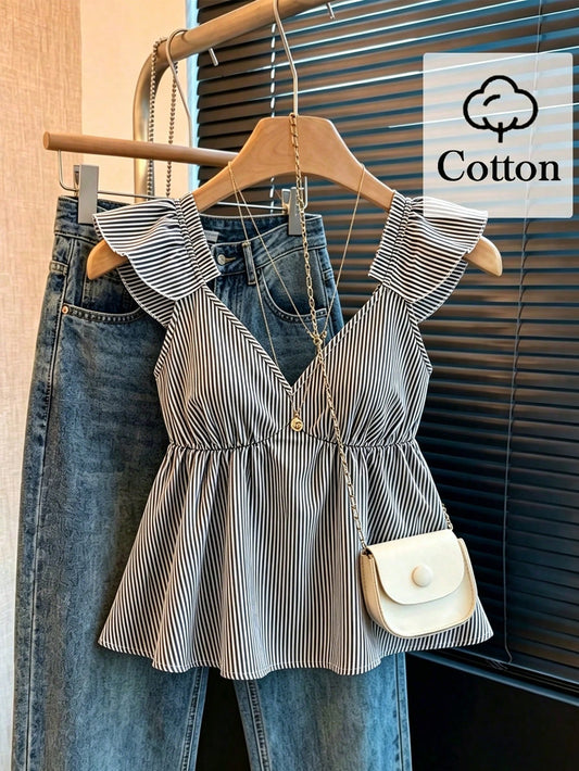 Franclia Blue Cute Striped Ruffle Sexy Backless Low Neck Short Blouse