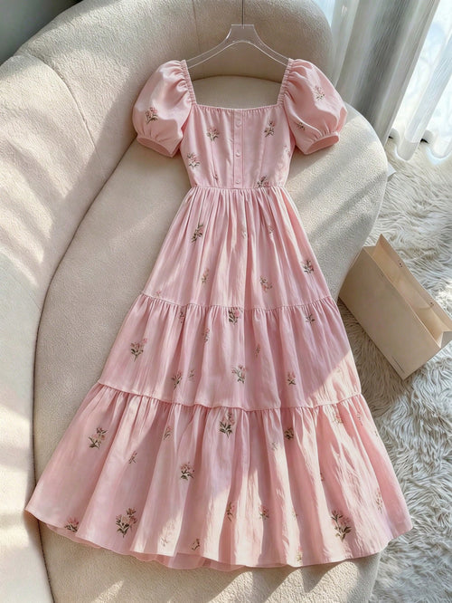 Franclia Delicate French Ditsy Floral Square Collar Puff Sleeve Single-Breasted Waist Ruffle Dress Design