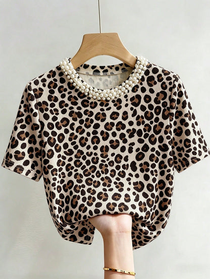 Franclia Elegant Fitted Round Neck Beaded Ribbed Short Sleeve Plus Size T-Shirt For Women