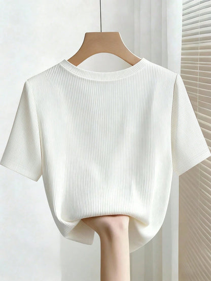Franclia Elegant Fitted Round Neck Beaded Ribbed Short Sleeve Plus Size T-Shirt For Women