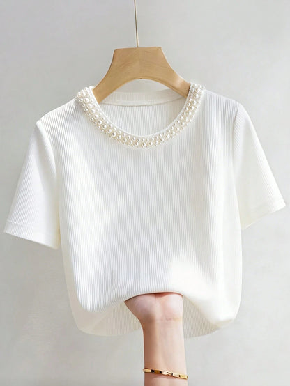 Franclia Elegant Fitted Round Neck Beaded Ribbed Short Sleeve Plus Size T-Shirt For Women