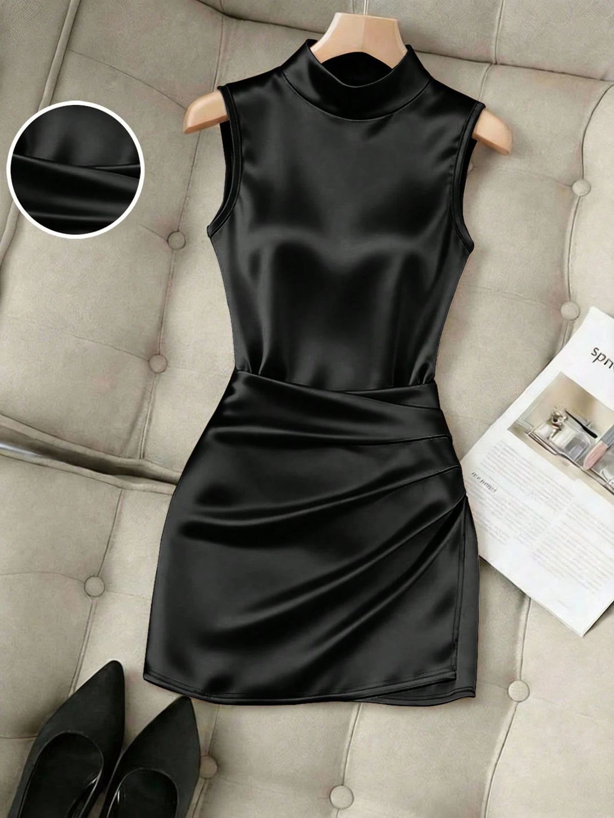 Franclia Fashionable New Glossy Mock Neck Sleeveless Pleated Waist Slim Asymmetrical Bodycon Dress For Women