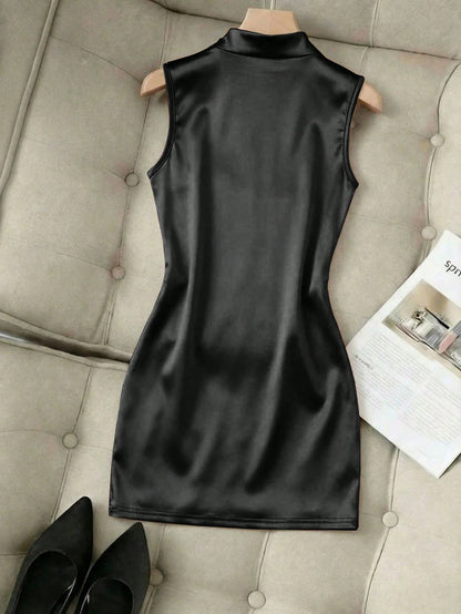 Franclia Fashionable New Glossy Mock Neck Sleeveless Pleated Waist Slim Asymmetrical Bodycon Dress For Women