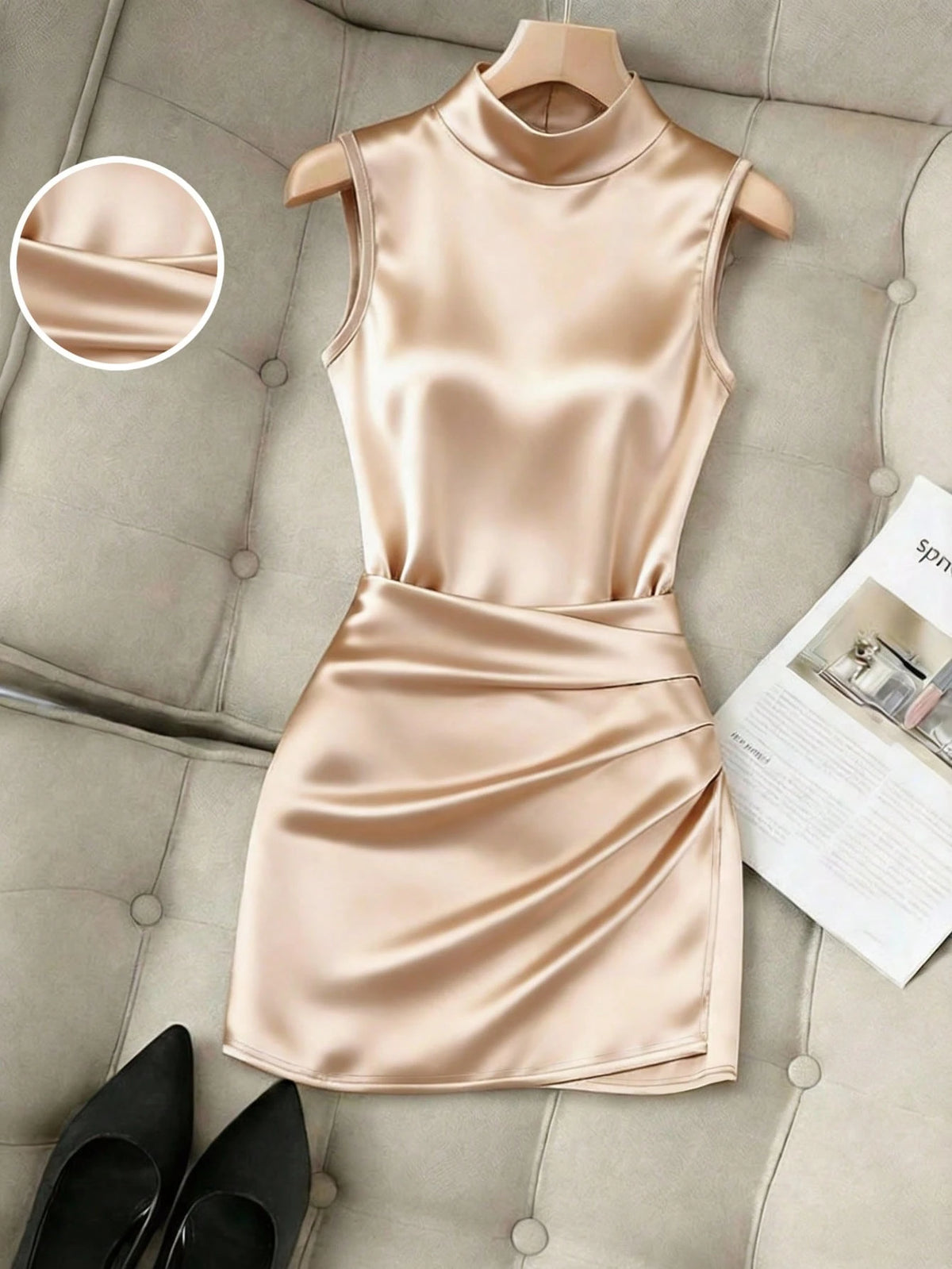 Franclia Fashionable New Glossy Mock Neck Sleeveless Pleated Waist Slim Asymmetrical Bodycon Dress For Women