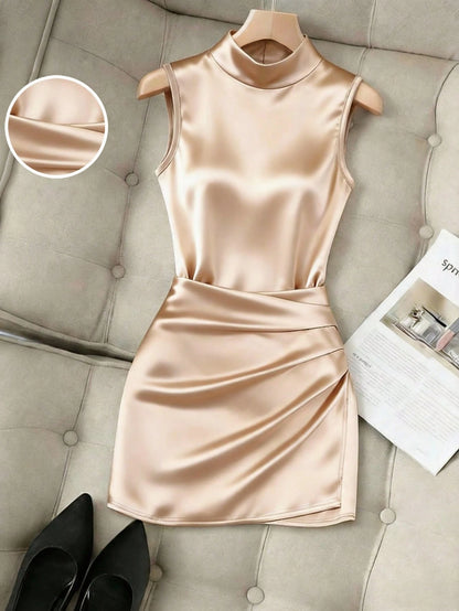 Franclia Fashionable New Glossy Mock Neck Sleeveless Pleated Waist Slim Asymmetrical Bodycon Dress For Women
