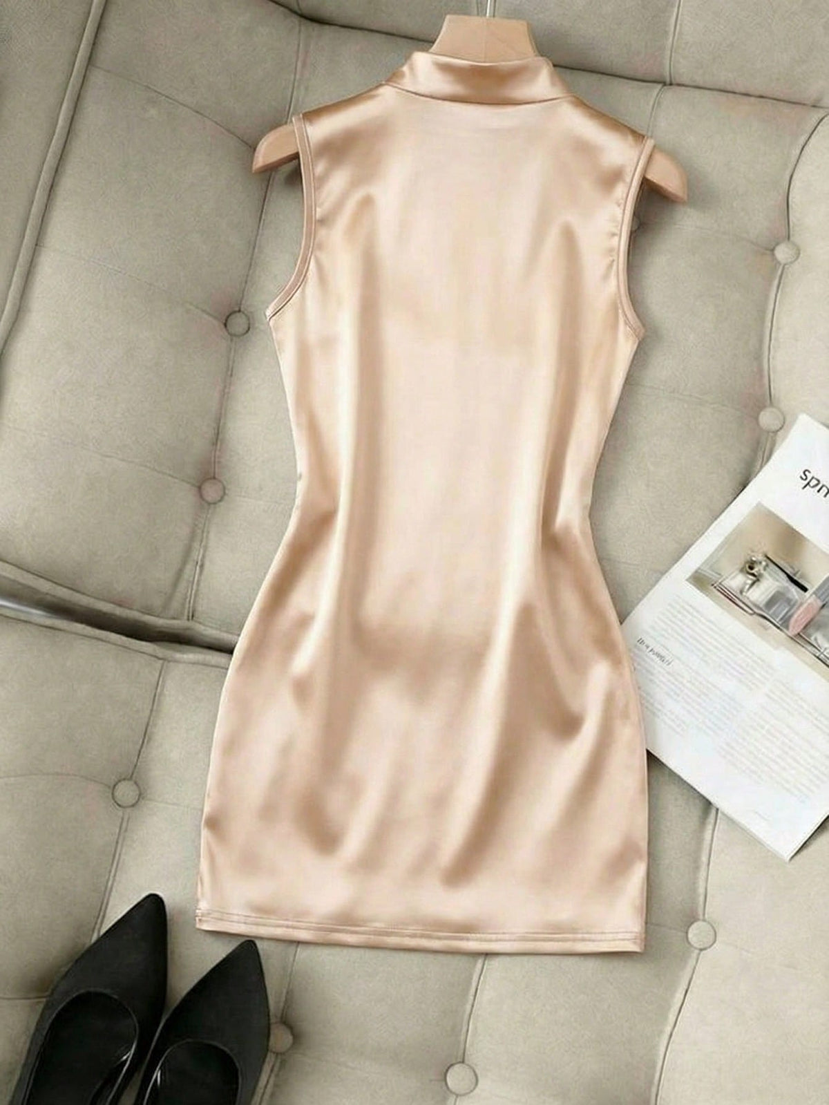 Franclia Fashionable New Glossy Mock Neck Sleeveless Pleated Waist Slim Asymmetrical Bodycon Dress For Women