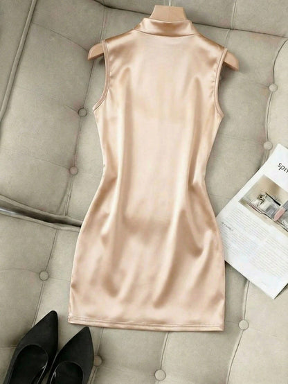 Franclia Fashionable New Glossy Mock Neck Sleeveless Pleated Waist Slim Asymmetrical Bodycon Dress For Women