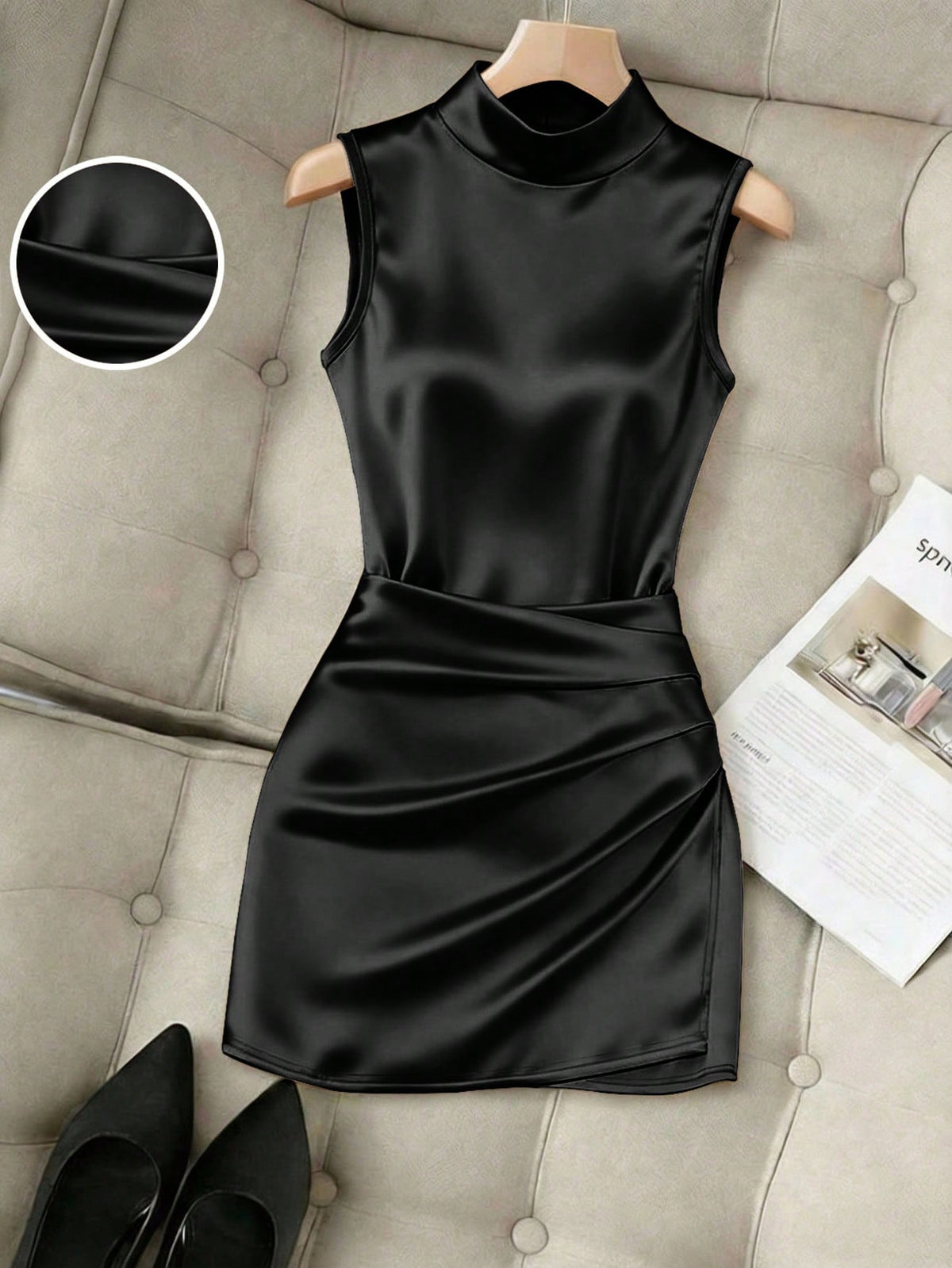 Franclia Fashionable New Glossy Mock Neck Sleeveless Pleated Waist Slim Asymmetrical Bodycon Dress For Women