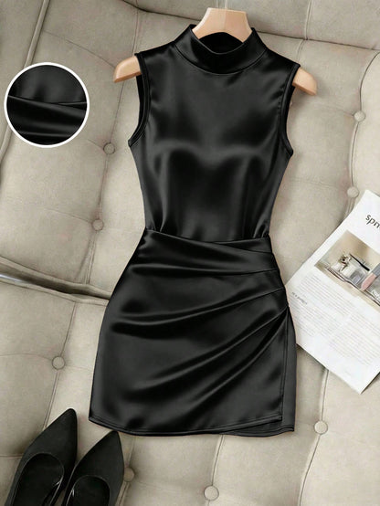Franclia Fashionable New Glossy Mock Neck Sleeveless Pleated Waist Slim Asymmetrical Bodycon Dress For Women