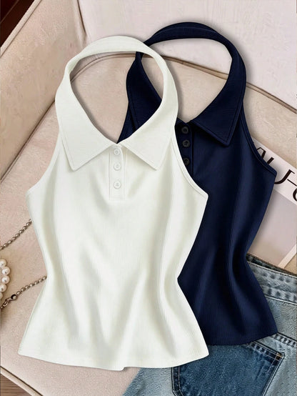 Franclia French Style Striped Backless Halter Neck Tank Top For Women, Summer, Slimming & Age-Reducing