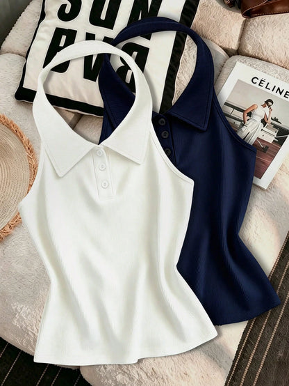 Franclia French Style Striped Backless Halter Neck Tank Top For Women, Summer, Slimming & Age-Reducing