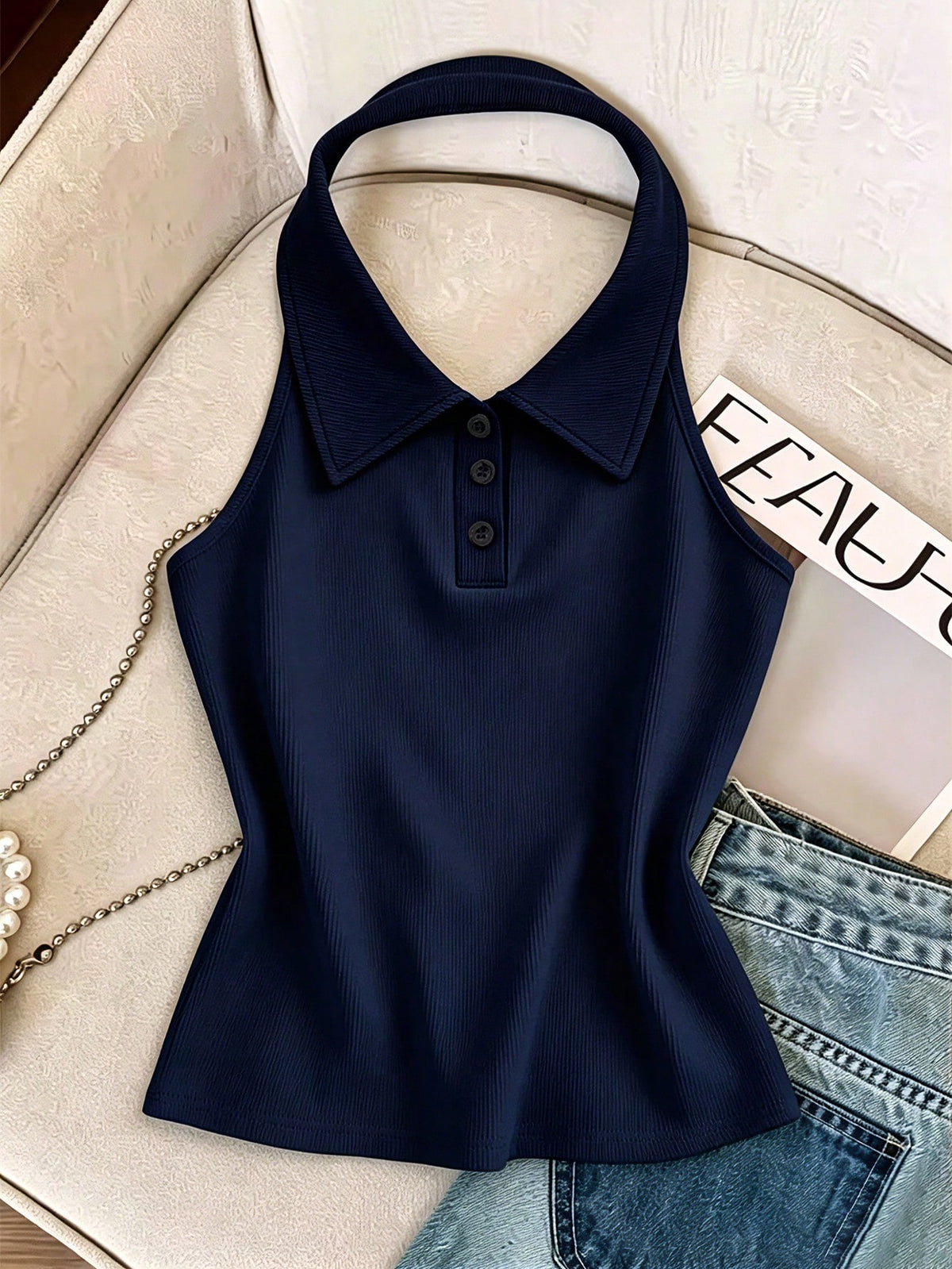 Franclia French Style Striped Backless Halter Neck Tank Top For Women, Summer, Slimming & Age-Reducing