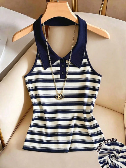 Franclia French Style Striped Backless Halter Neck Tank Top For Women, Summer, Slimming & Age-Reducing