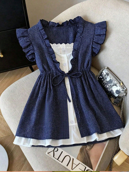 Franclia Korean Style Plaid Patchwork Frill Trim Loose Sleeveless Blouse Shirt For Women