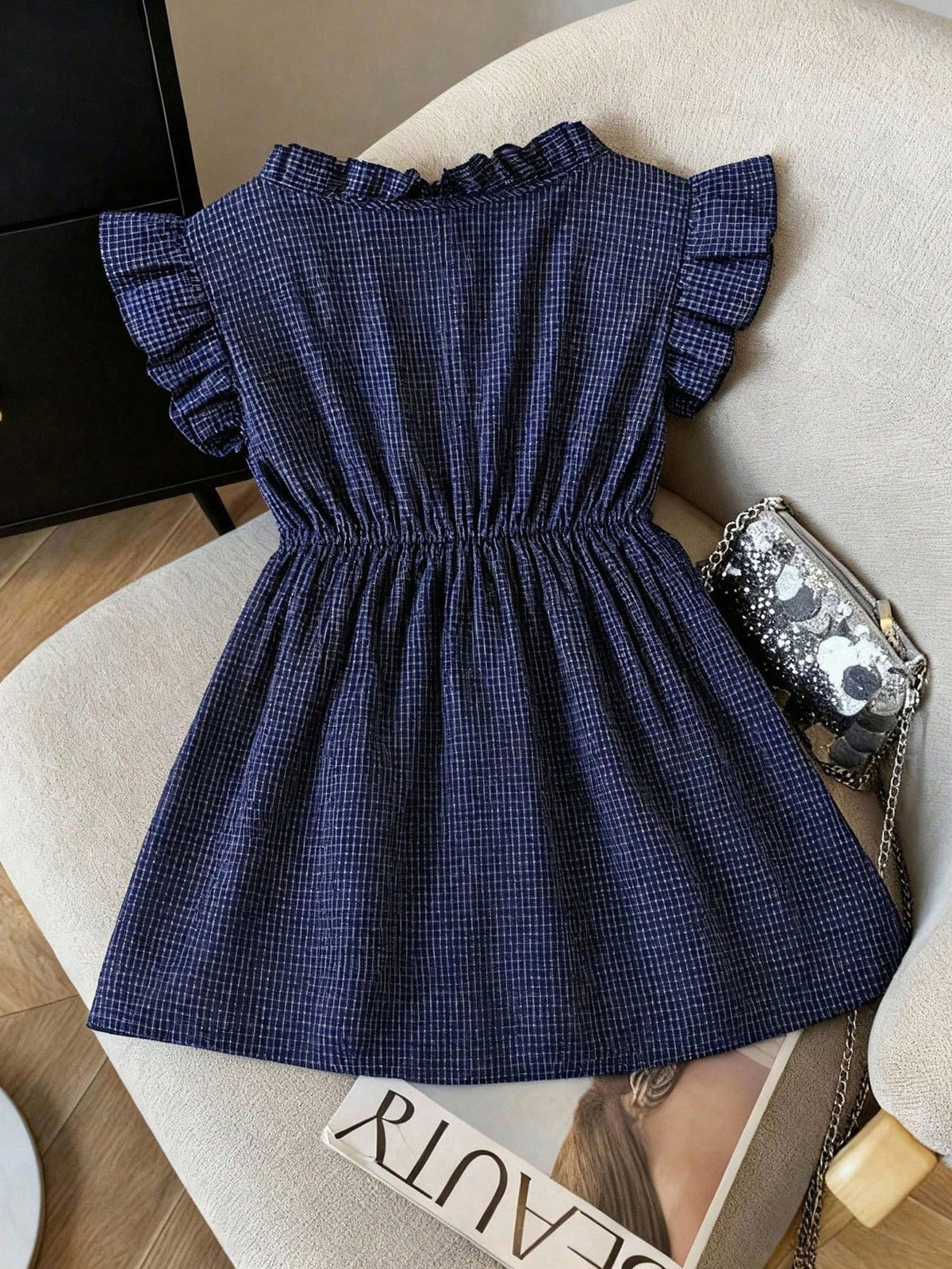 Franclia Korean Style Plaid Patchwork Frill Trim Loose Sleeveless Blouse Shirt For Women