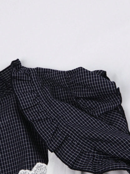 Franclia Korean Style Plaid Patchwork Frill Trim Loose Sleeveless Blouse Shirt For Women