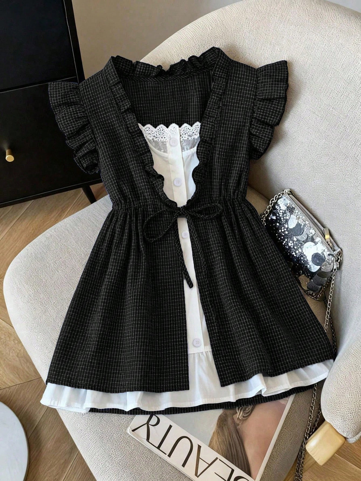 Franclia Korean Style Plaid Patchwork Frill Trim Loose Sleeveless Blouse Shirt For Women