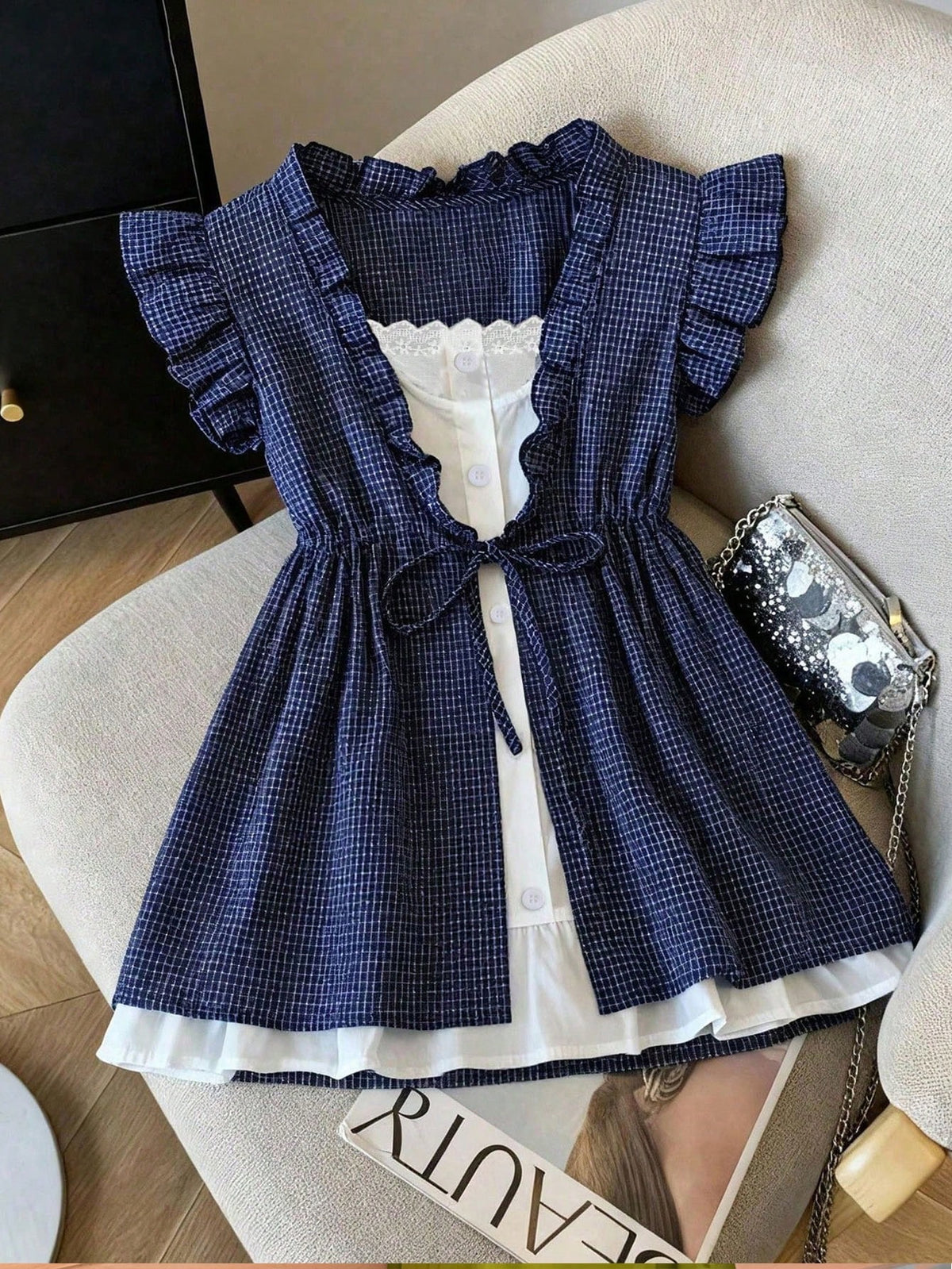 Franclia Korean Style Plaid Patchwork Frill Trim Loose Sleeveless Blouse Shirt For Women