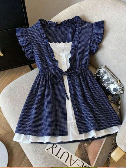 Franclia Korean Style Plaid Patchwork Frill Trim Loose Sleeveless Blouse Shirt For Women