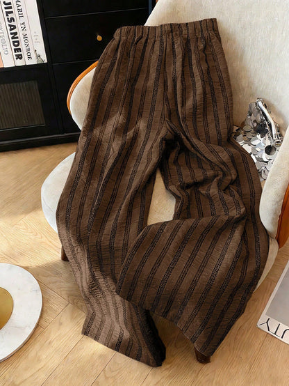 Franclia Loose Casual Slimming Summer New Elastic Waist Lightweight Coffee Brown Striped Women's Spring Summer Sweatpants