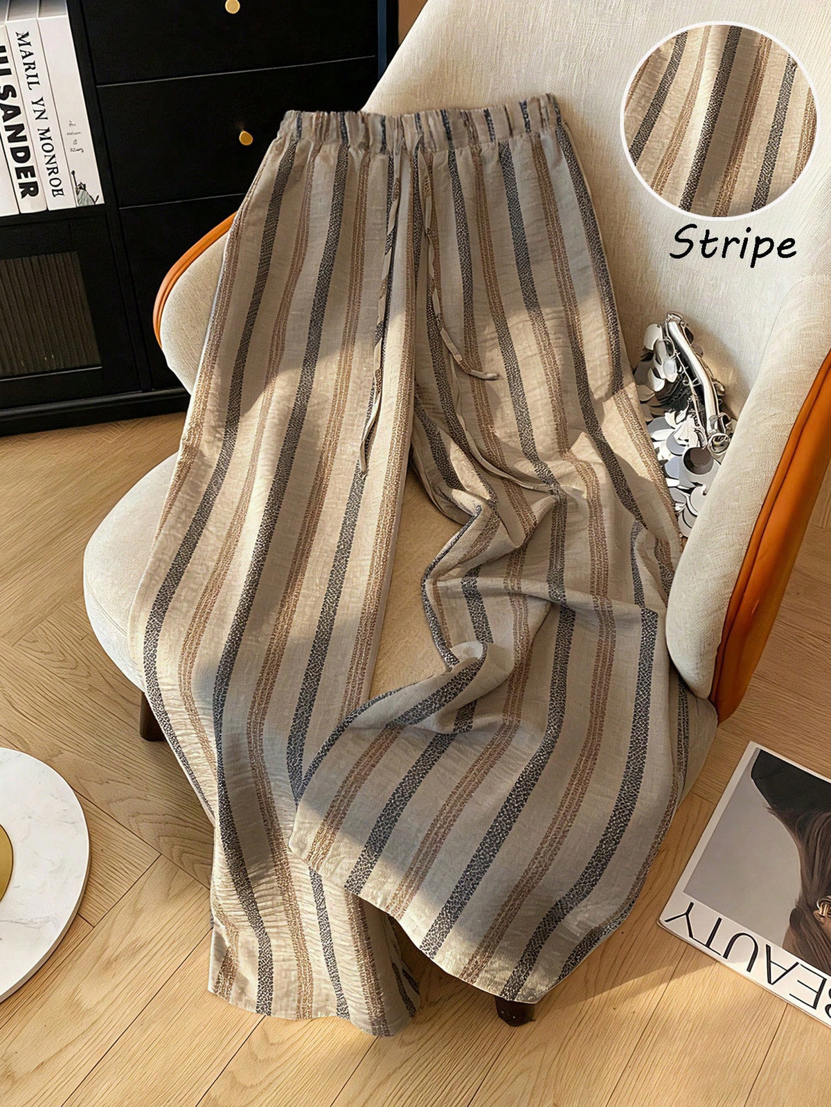 Franclia Loose Casual Slimming Summer New Elastic Waist Lightweight Coffee Brown Striped Women's Spring Summer Sweatpants