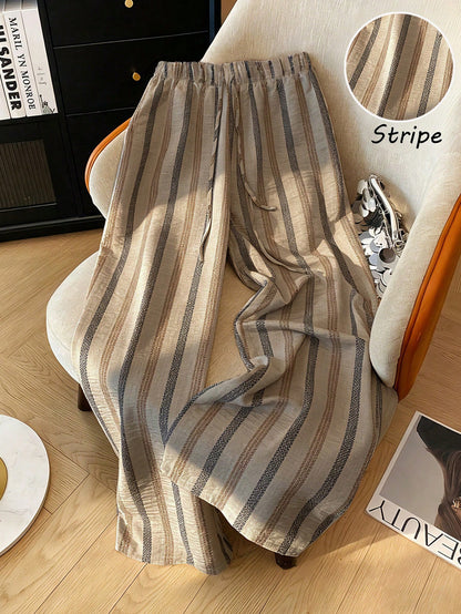 Franclia Loose Casual Slimming Summer New Elastic Waist Lightweight Coffee Brown Striped Women's Spring Summer Sweatpants