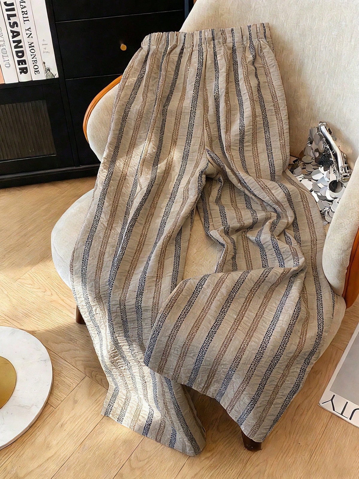 Franclia Loose Casual Slimming Summer New Elastic Waist Lightweight Coffee Brown Striped Women's Spring Summer Sweatpants