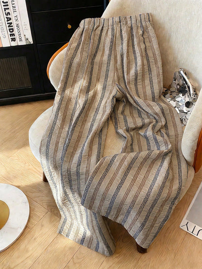 Franclia Loose Casual Slimming Summer New Elastic Waist Lightweight Coffee Brown Striped Women's Spring Summer Sweatpants