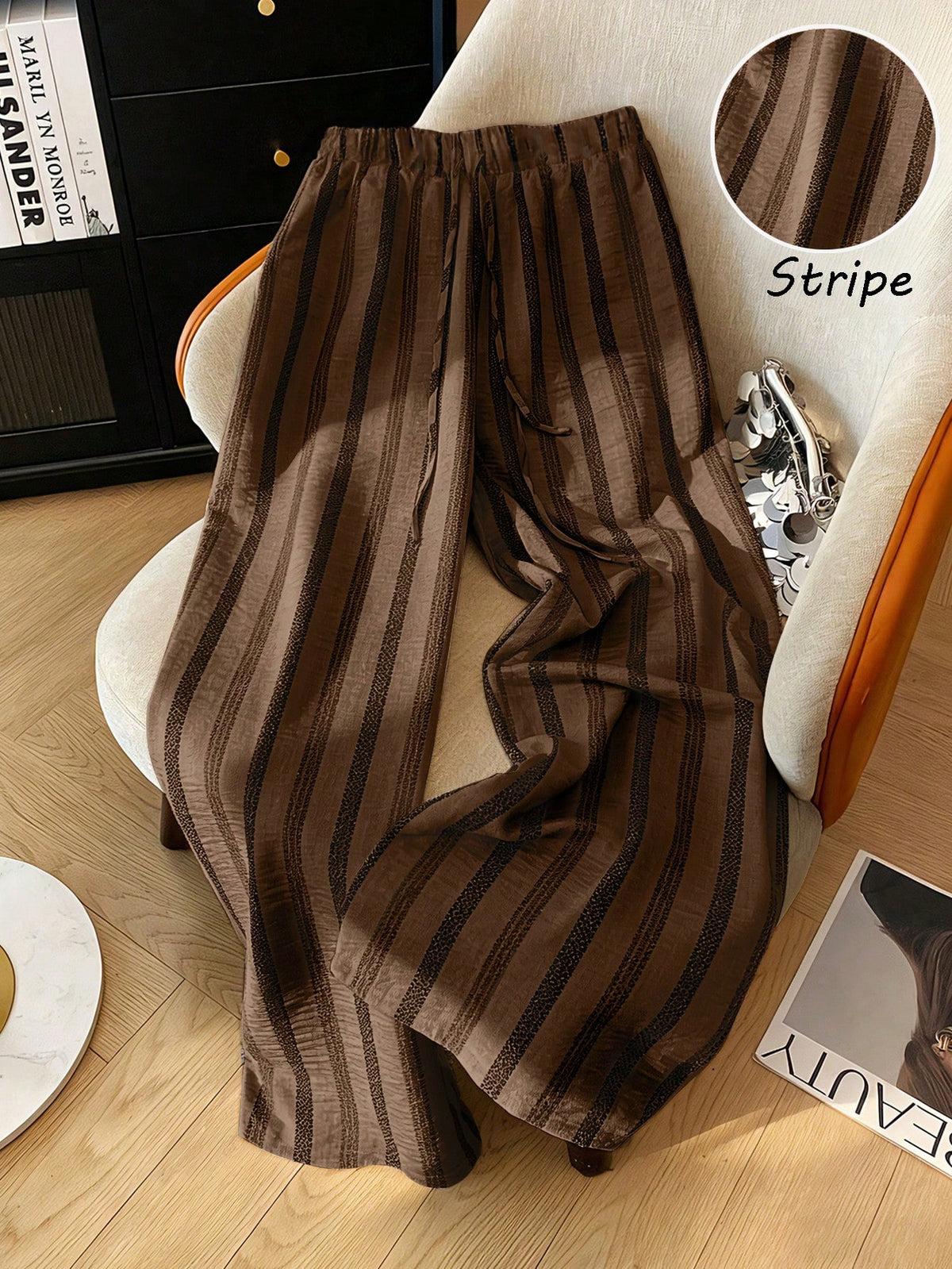 Franclia Loose Casual Slimming Summer New Elastic Waist Lightweight Coffee Brown Striped Women's Spring Summer Sweatpants
