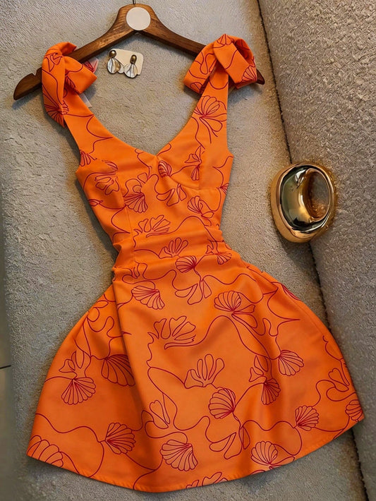 Franclia New Arrival Elegant Printed V-Neck Tie Waist Dress