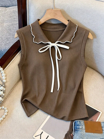 Franclia Spring/Summer Minimalist Preppy Cute Brown And White Sleeveless Lapel Top, Contrast Color Lace-Up Bow Decor, Loose Slimming Women's Tank Top Brunch