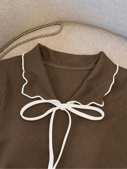 Franclia Spring/Summer Minimalist Preppy Cute Brown And White Sleeveless Lapel Top, Contrast Color Lace-Up Bow Decor, Loose Slimming Women's Tank Top Brunch