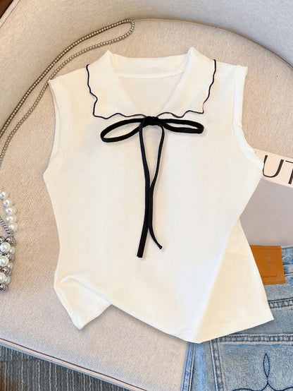 Franclia Spring/Summer Minimalist Preppy Cute Brown And White Sleeveless Lapel Top, Contrast Color Lace-Up Bow Decor, Loose Slimming Women's Tank Top Brunch