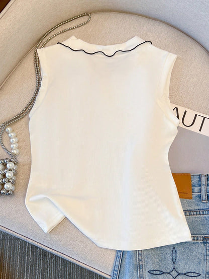 Franclia Spring/Summer Minimalist Preppy Cute Brown And White Sleeveless Lapel Top, Contrast Color Lace-Up Bow Decor, Loose Slimming Women's Tank Top Brunch