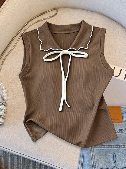 Franclia Spring/Summer Minimalist Preppy Cute Brown And White Sleeveless Lapel Top, Contrast Color Lace-Up Bow Decor, Loose Slimming Women's Tank Top Brunch