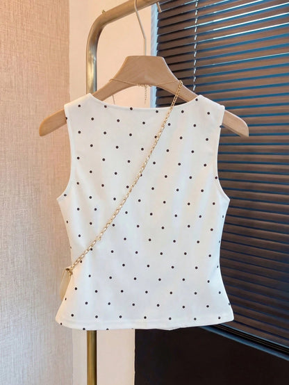Franclia White And Black Polka Dot,Summer,Elegant,Tea Party Vintage Pearl Decor Women Tank Top Blouses Work Outfits Casual Cute Latest New Arrivals