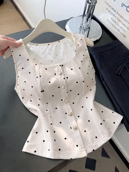 Franclia White And Black Polka Dot,Summer,Elegant,Tea Party Vintage Pearl Decor Women Tank Top Blouses Work Outfits Casual Cute Latest New Arrivals