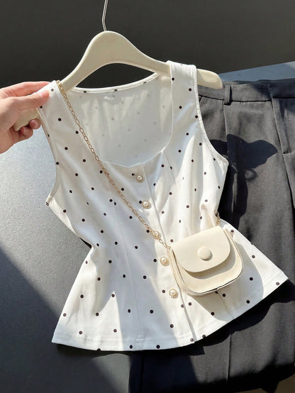 Franclia White And Black Polka Dot,Summer,Elegant,Tea Party Vintage Pearl Decor Women Tank Top Blouses Work Outfits Casual Cute Latest New Arrivals