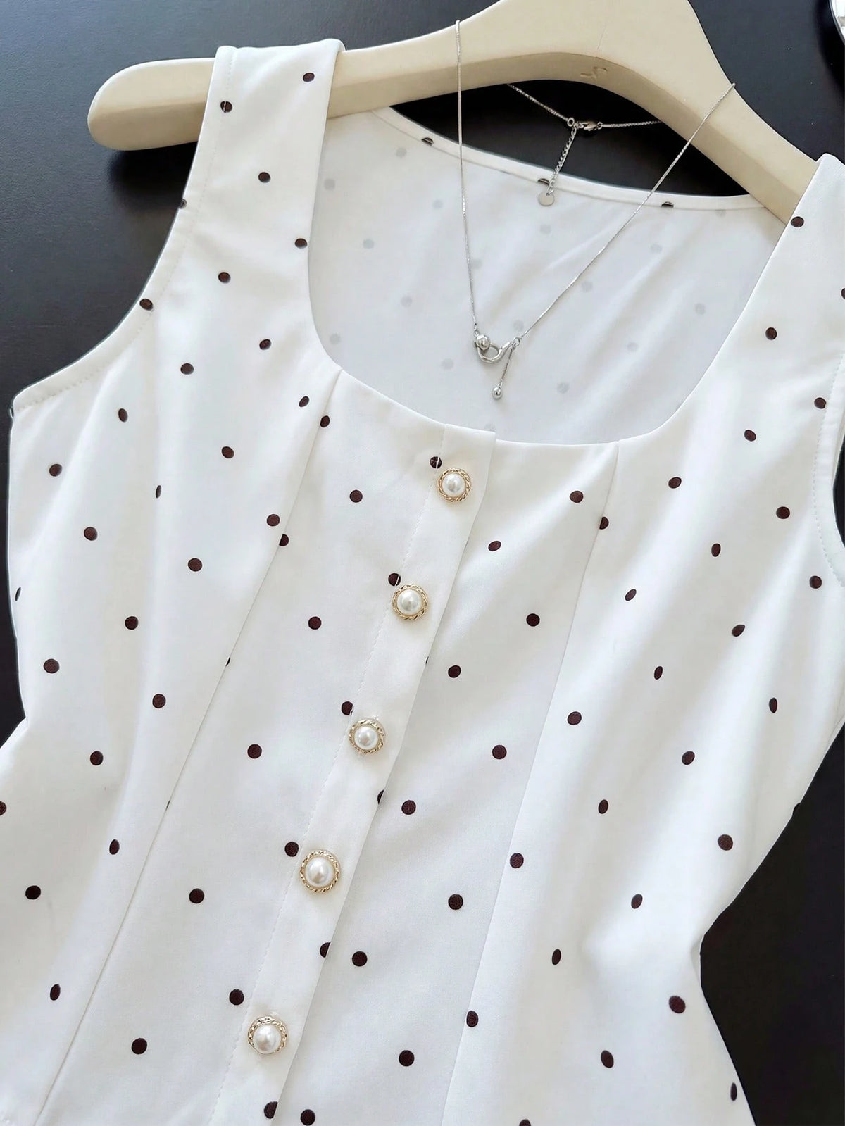 Franclia White And Black Polka Dot,Summer,Elegant,Tea Party Vintage Pearl Decor Women Tank Top Blouses Work Outfits Casual Cute Latest New Arrivals