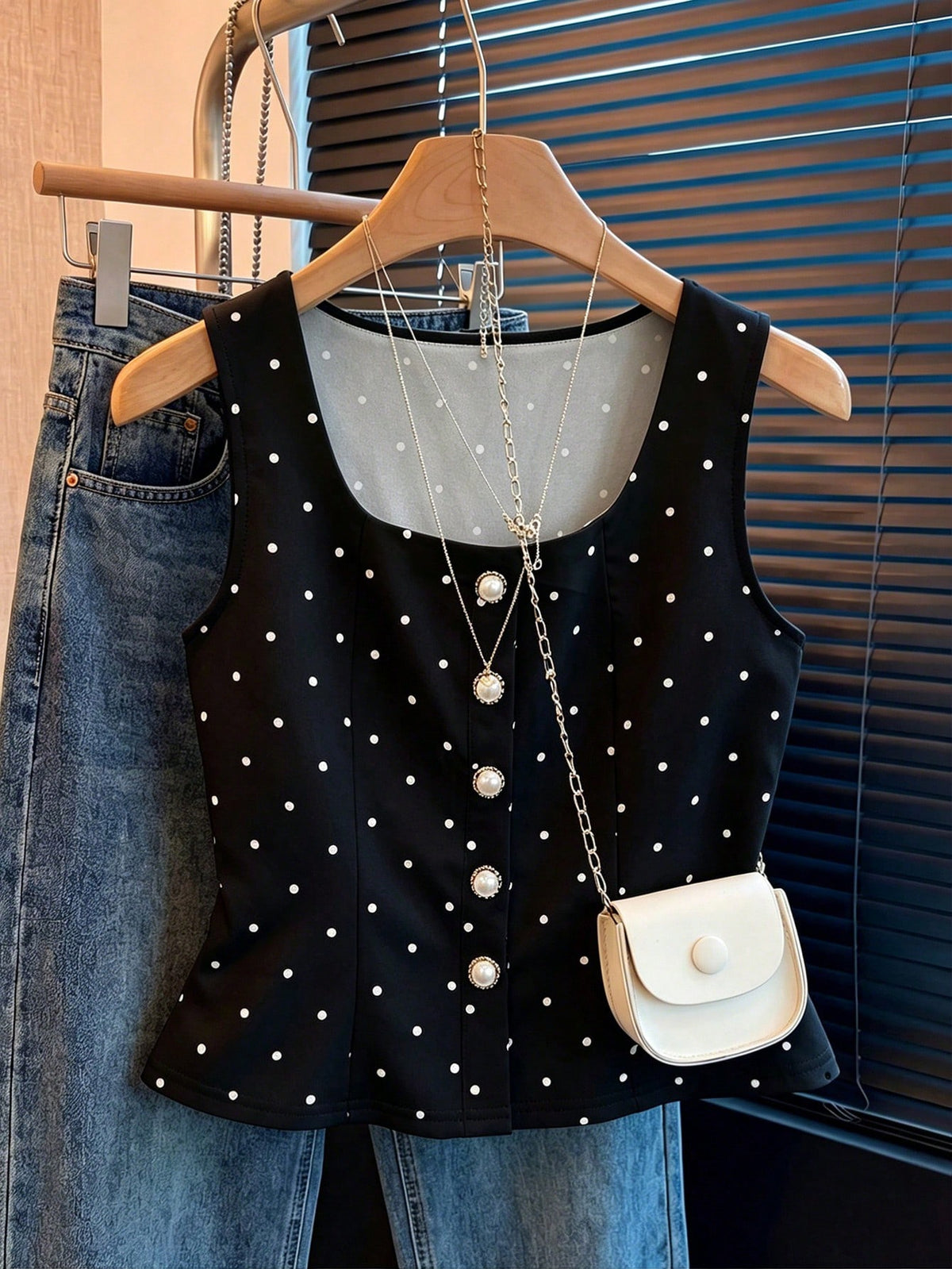 Franclia White And Black Polka Dot,Summer,Elegant,Tea Party Vintage Pearl Decor Women Tank Top Blouses Work Outfits Casual Cute Latest New Arrivals