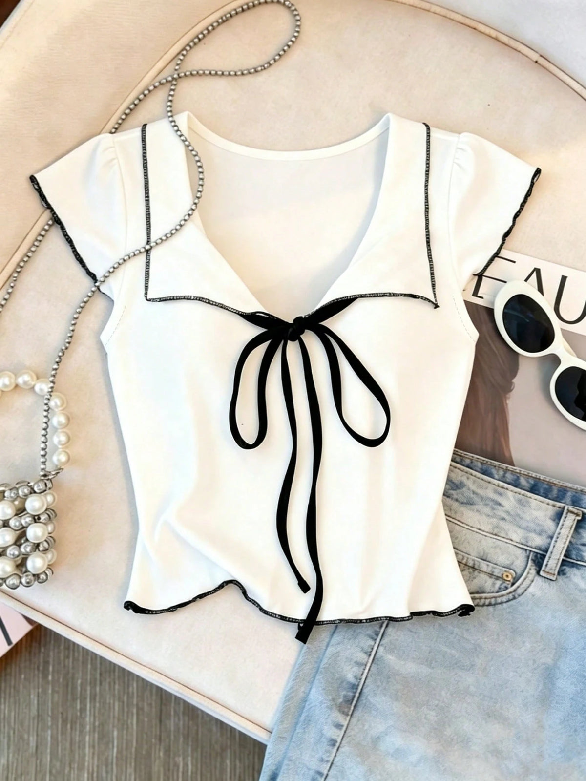 Franclia Women's Bow Tie V-Neck Blouse,White And Black Contrast Trim Slim Fit Tee,Summer Casual Vintage Americana Top,Vacation Coquette Aesthetic Kawaii Style