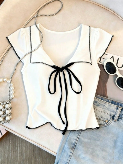 Franclia Women's Bow Tie V-Neck Blouse,White And Black Contrast Trim Slim Fit Tee,Summer Casual Vintage Americana Top,Vacation Coquette Aesthetic Kawaii Style