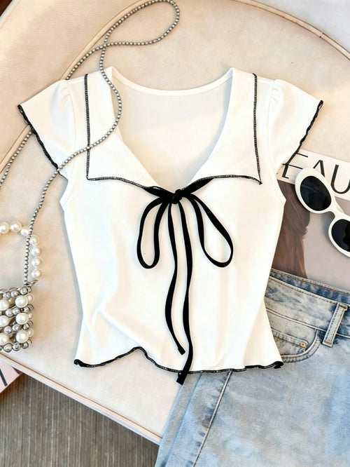 Franclia Women's Bow Tie V-Neck Blouse,White And Black Contrast Trim Slim Fit Tee,Summer Casual Vintage Americana Top,Vacation Coquette Aesthetic Kawaii Style