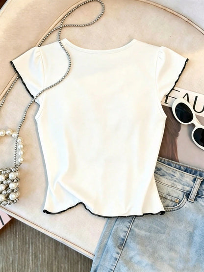 Franclia Women's Bow Tie V-Neck Blouse,White And Black Contrast Trim Slim Fit Tee,Summer Casual Vintage Americana Top,Vacation Coquette Aesthetic Kawaii Style