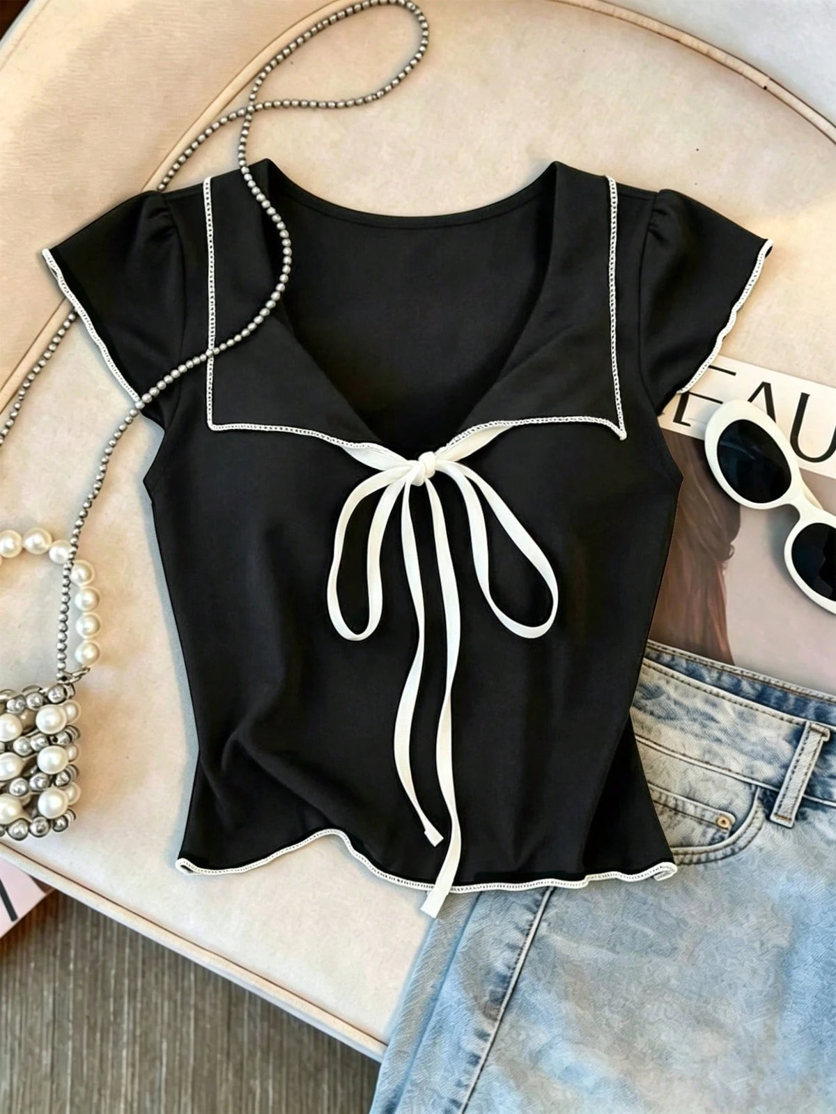 Franclia Women's Bow Tie V-Neck Blouse,White And Black Contrast Trim Slim Fit Tee,Summer Casual Vintage Americana Top,Vacation Coquette Aesthetic Kawaii Style