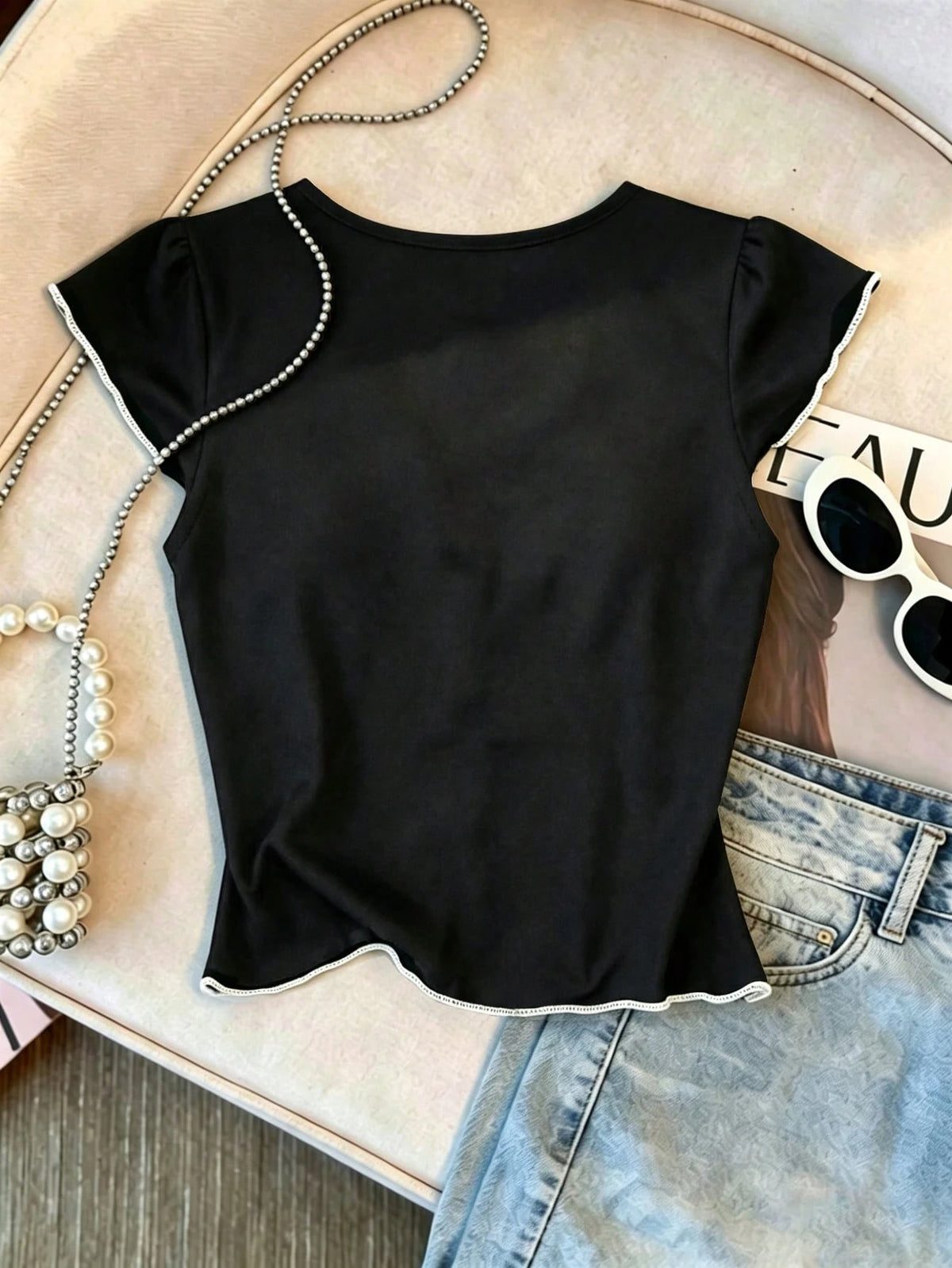 Franclia Women's Bow Tie V-Neck Blouse,White And Black Contrast Trim Slim Fit Tee,Summer Casual Vintage Americana Top,Vacation Coquette Aesthetic Kawaii Style