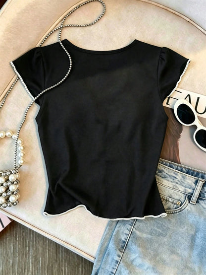 Franclia Women's Bow Tie V-Neck Blouse,White And Black Contrast Trim Slim Fit Tee,Summer Casual Vintage Americana Top,Vacation Coquette Aesthetic Kawaii Style