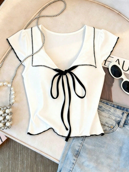 Franclia Women's Bow Tie V-Neck Blouse,White And Black Contrast Trim Slim Fit Tee,Summer Casual Vintage Americana Top,Vacation Coquette Aesthetic Kawaii Style